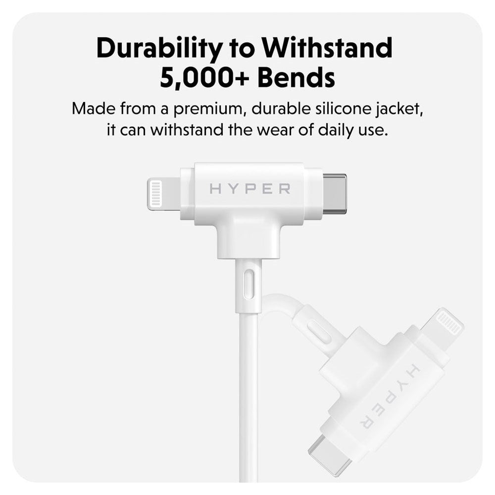 Hyper HyperJuice 60W 2-i-1 Hybrid Silikon USB-C til USB-C & Lightning Kabel - 1.5m - Hvit