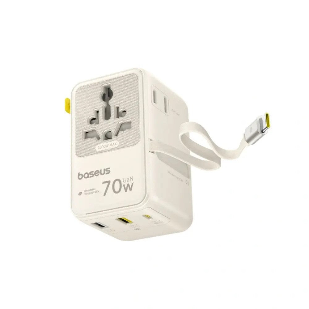 Baseus EnerCore 70W 6-i-1 Reiseadapter m. Uttrekkbart USB-C Kabel - Hvit