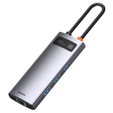 Baseus 6-i-1 USB-C Multiportadapter med 3 x USB-A 1 x USB-C 1 x HDMI 1 x RJ45 - Grå
