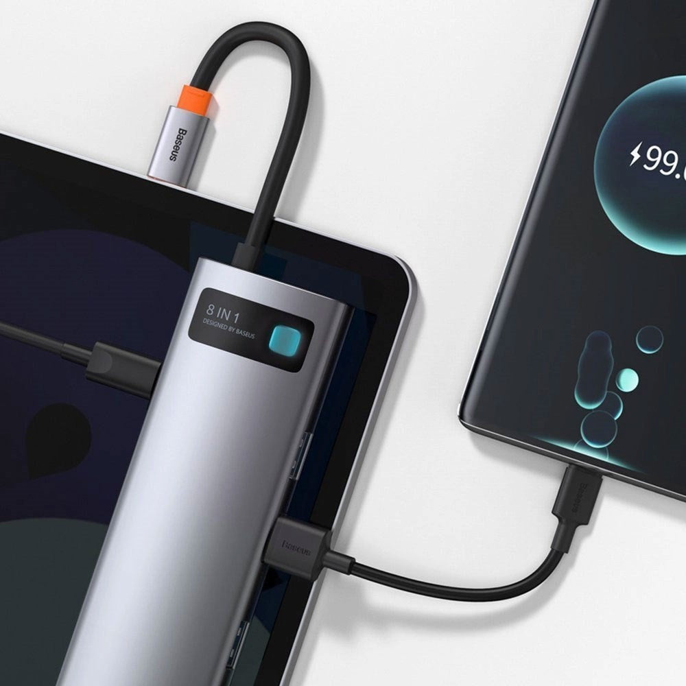 Baseus 8-i-1 USB-C Multiportadapter med 3 x USB-A 1 x USB-C 1 x HDMI 1 x SD-Kortleser 1 x MicoSD-Kortleser 1 x RJ45 - Grå