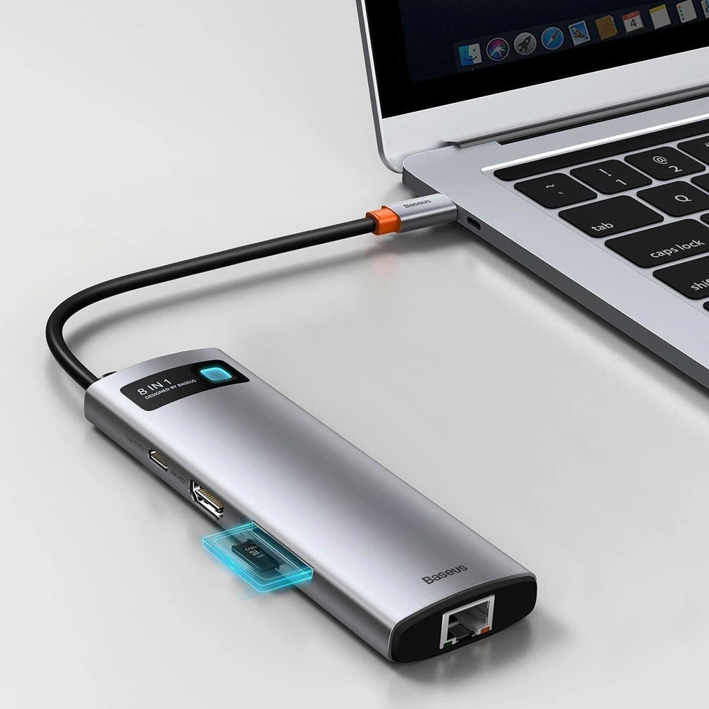 Baseus 8-i-1 USB-C Multiportadapter med 3 x USB-A 1 x USB-C 1 x HDMI 1 x SD-Kortleser 1 x MicoSD-Kortleser 1 x RJ45 - Grå