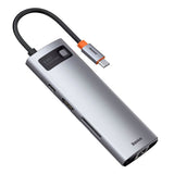 Baseus 8-i-1 USB-C Multiportadapter med 3 x USB-A 1 x USB-C 1 x HDMI 1 x SD-Kortleser 1 x MicoSD-Kortleser 1 x RJ45 - Grå
