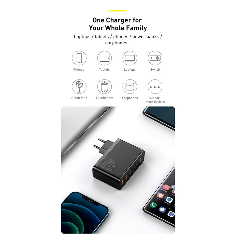 Baseus 100W PD GaN² Pro Hurtiglader - Vegglader med 2 x USB-C og 2 x USB-A - Hvit