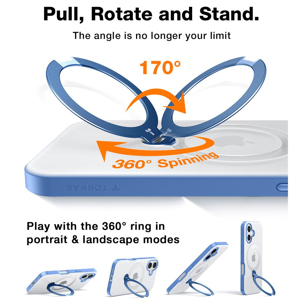 TORRAS iPhone 16 Hybrid Plast Deksel m. Ståfunksjon - MagSafe Kompatibel - Blå