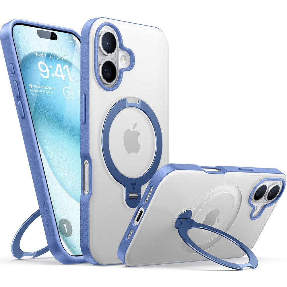 TORRAS iPhone 16 Hybrid Plast Deksel m. Ståfunksjon - MagSafe Kompatibel - Blå