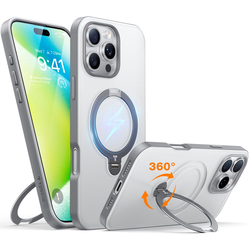 TORRAS iPhone 16 Pro Max Hybrid Plast Deksel m. Ståfunksjon - MagSafe Kompatibel - Grå