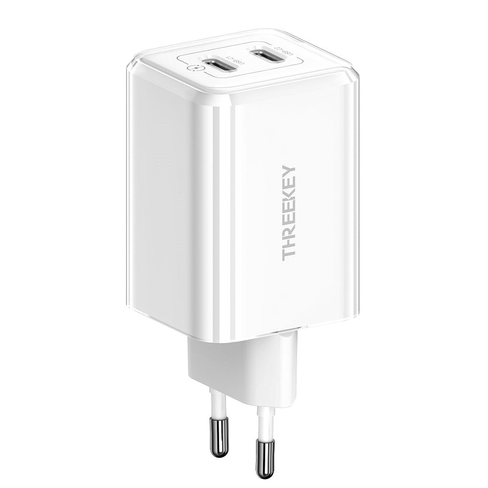 Threekey PD 35W USB-C GaN Fast Vegglader m. 2 x USB-C - Hvit