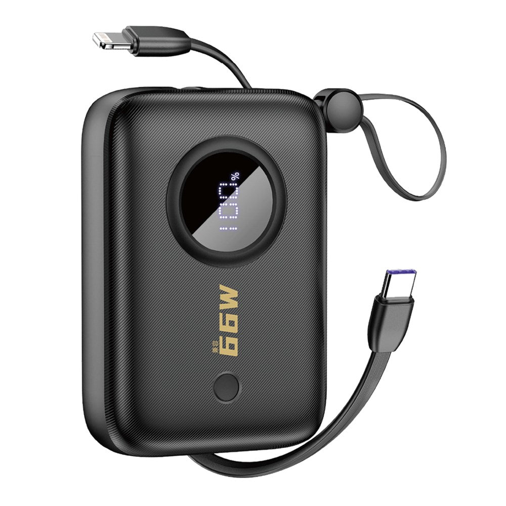 Dudao K14 10.000 mAh PowerBank m. Innebygd USB-C Kabel & Lightning Kabel - Svart