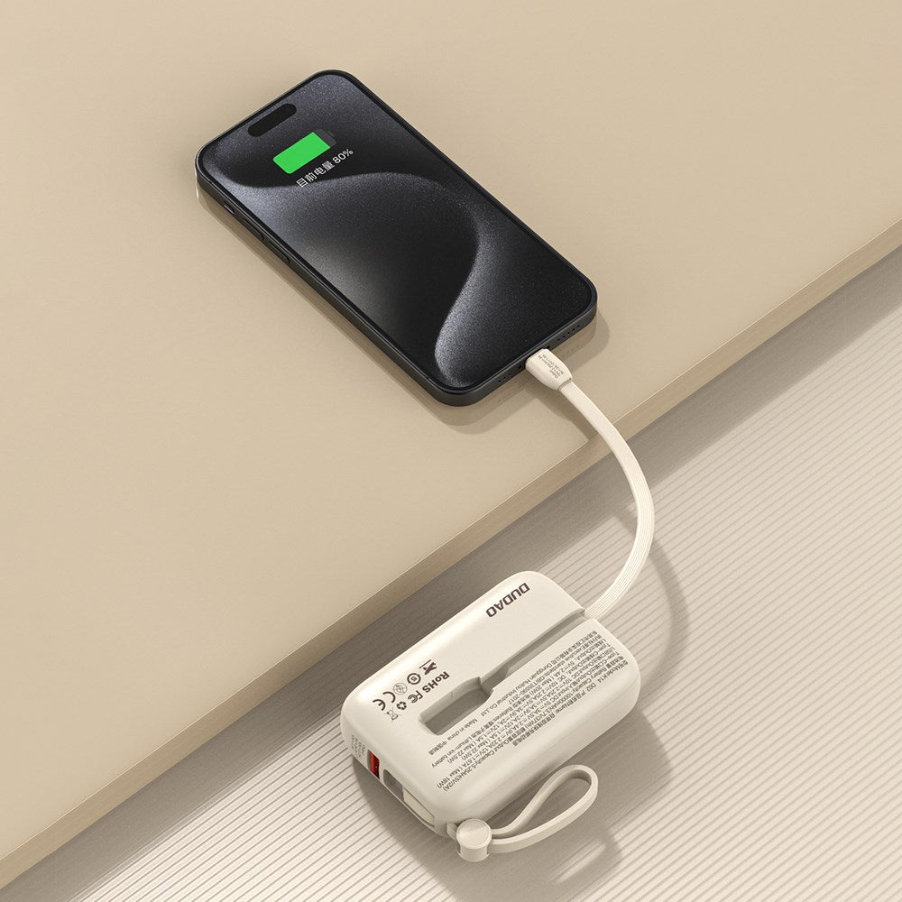 Dudao K14 10.000 mAh PowerBank m. Innebygd USB-C Kabel & Lightning Kabel - Beige