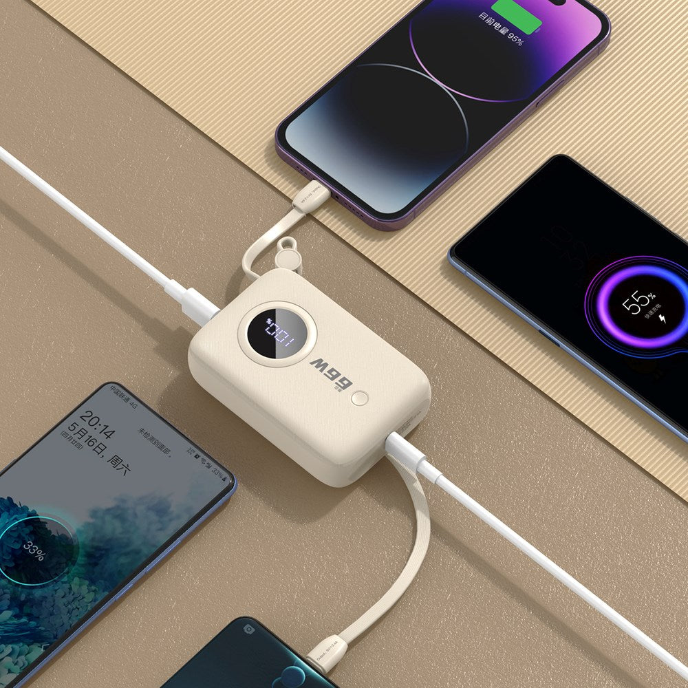 Dudao K14 10.000 mAh PowerBank m. Innebygd USB-C Kabel & Lightning Kabel - Beige