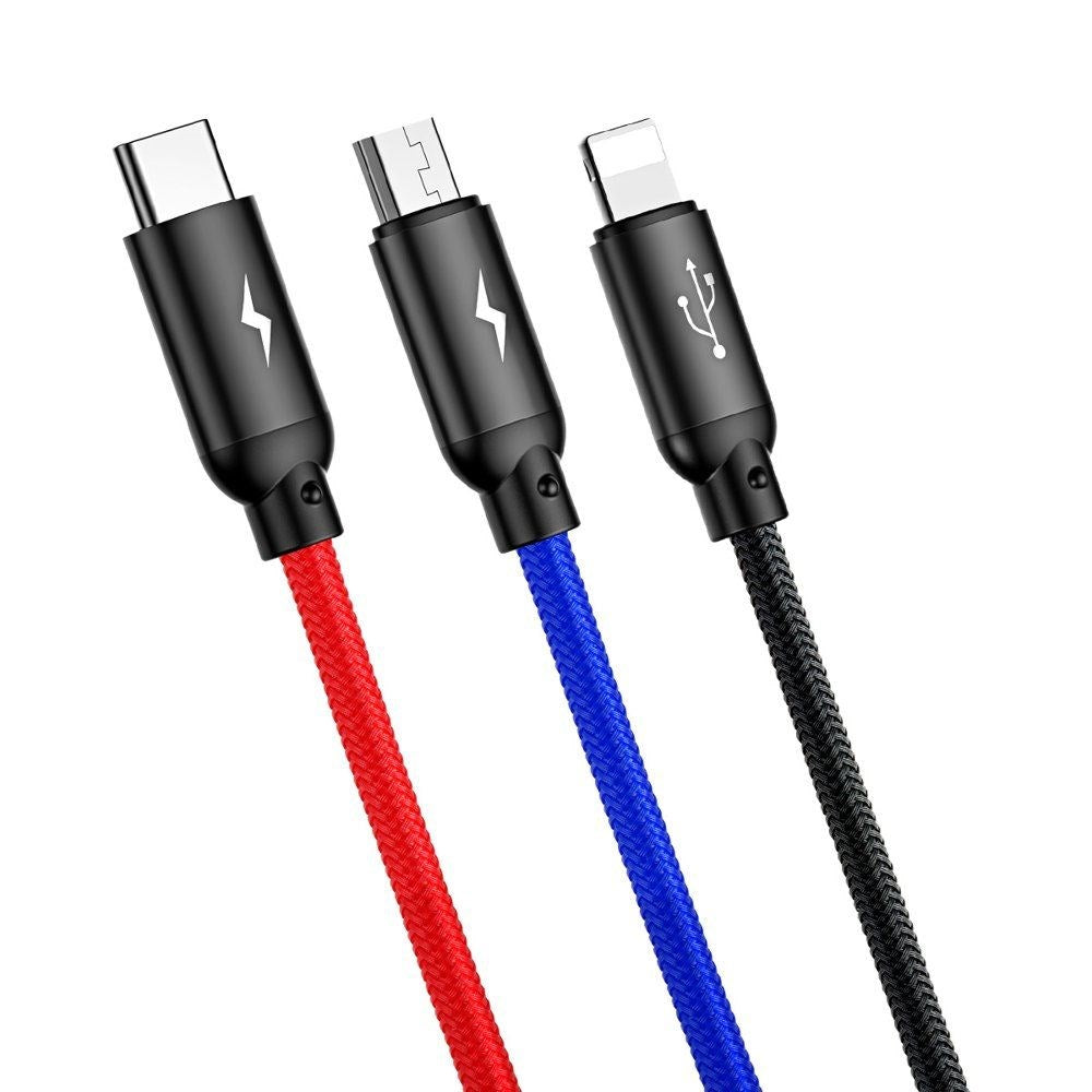 Baseus 3-i-1 USB-A til Lightning / USB-C / Micro USB Kabel - 120 cm - Svart