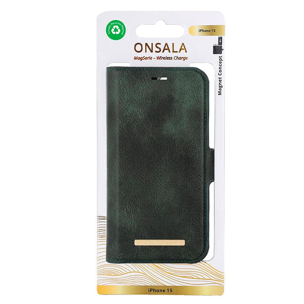 iPhone 15 GEAR ONSALA  Fashion Collection PU Skinn Flipdeksel med Magnet & Lommebok - MagSafe-Kompatibel - Dark Green