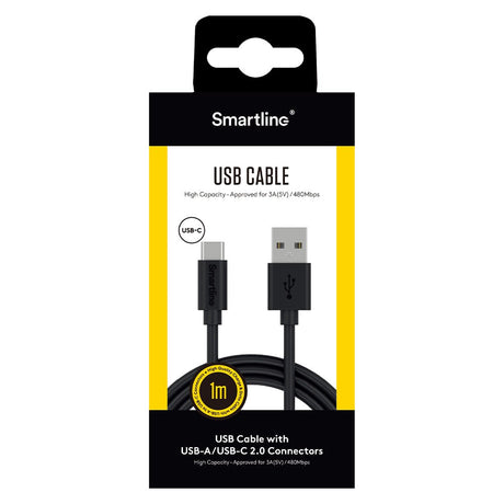 Smartline (3A/15W) USB2.0 - USB-C Kabel 1 med - Svart