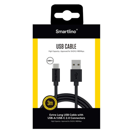 Smartline (3A/15W) USB2.0 - USB-C Kabel 3 med - Svart