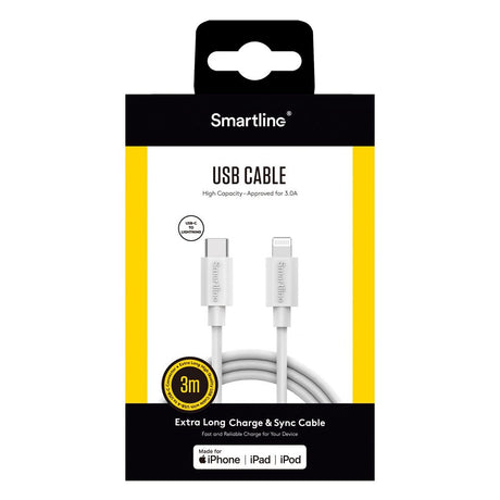 Smartline (3A/15W) USB-C til Lightning Kabel 3 m. - Hvit