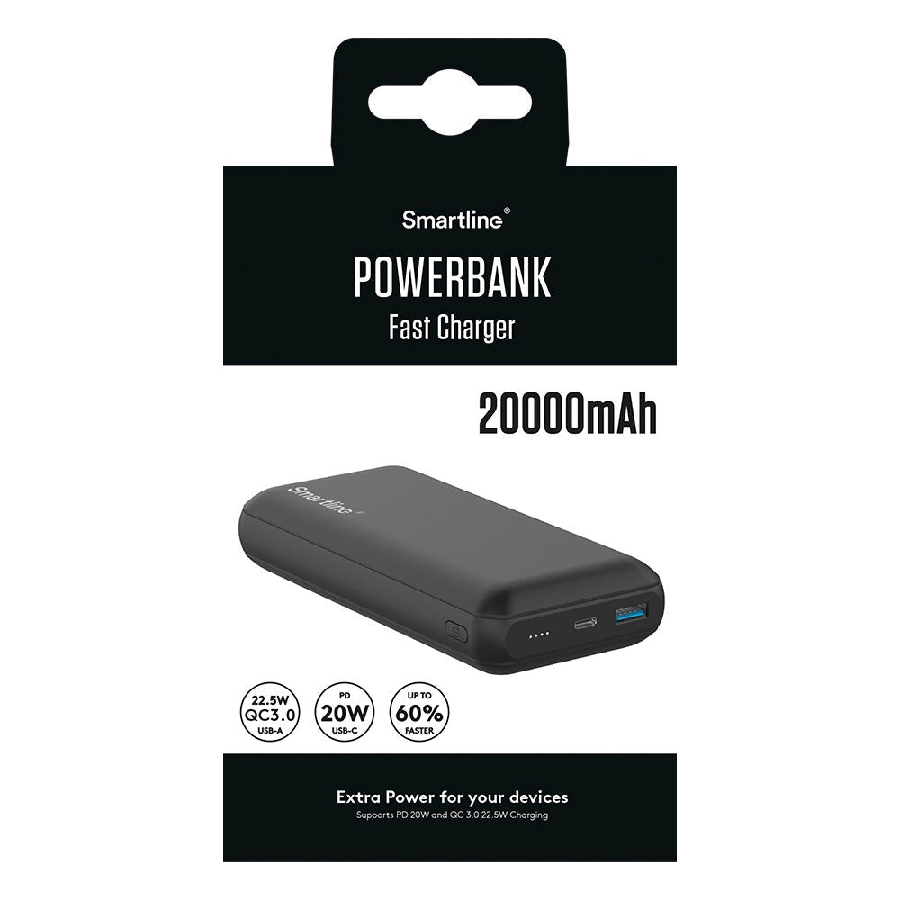 Smartline 22,5 W Powerbank - 1 x USB-A (QC) og 1 x USB-C (PD) - 20000 mAh - Svart