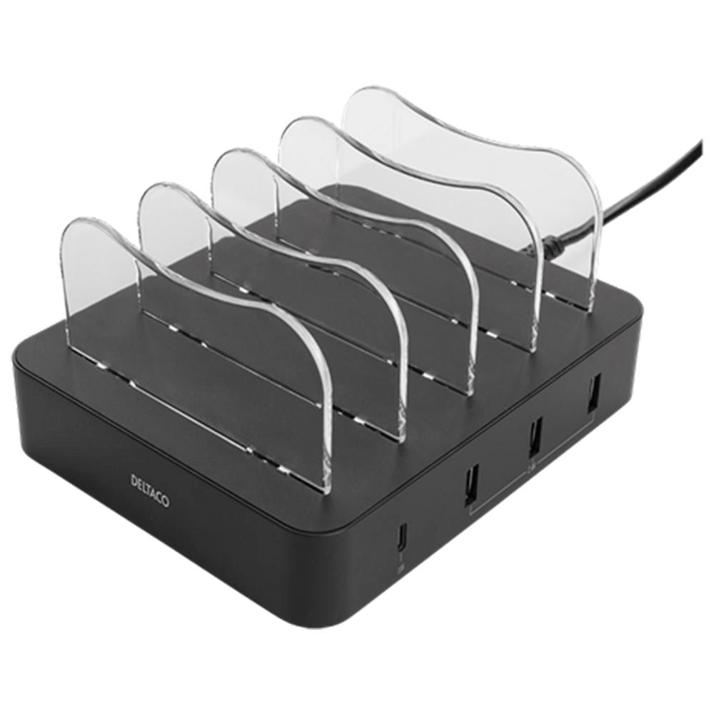 Deltaco 4 port 40W Ladestasjon med 3 x USB-A / 1 x USB-C-port -Svart