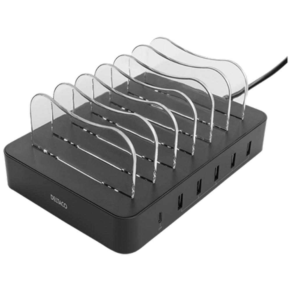 Deltaco 6-port 50W Ladestasjon med 5 x USB-A / 1 x USB-C-port -Svart