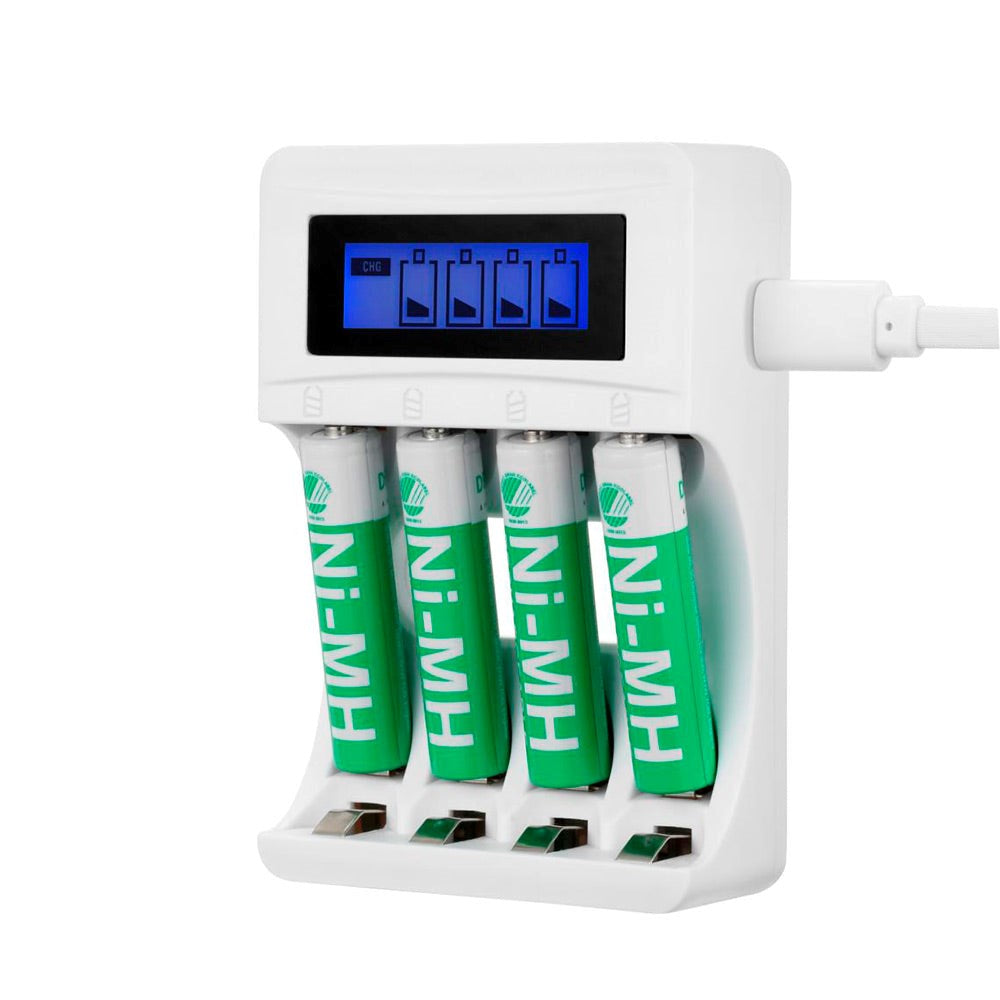 Deltaco USB Batterilader for 4 x AA/AAA Ni-MH / Ni-Cd med 4 AAA-Batterier - Hvit