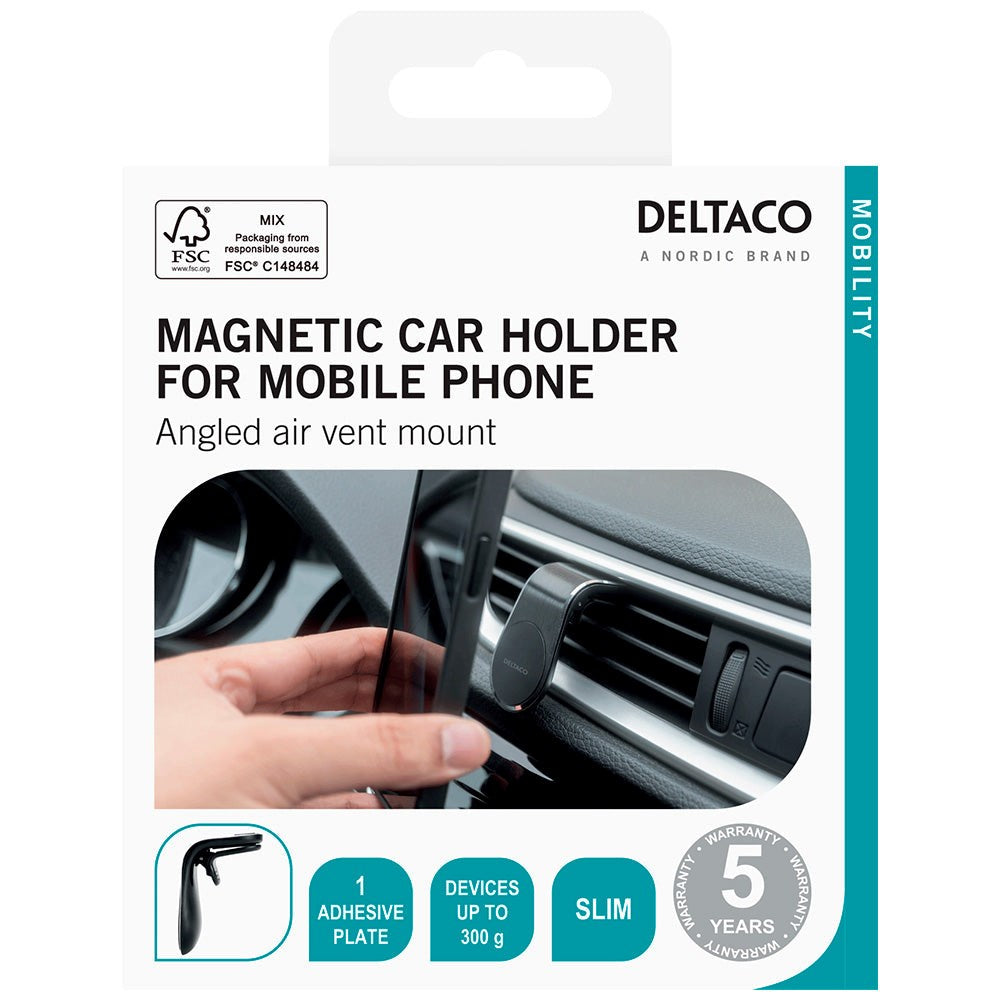 Deltaco Magnetisk Mobilholder for Ventilasjonsuttak med Klips og Ekstra Magnet - Sølv / Svart