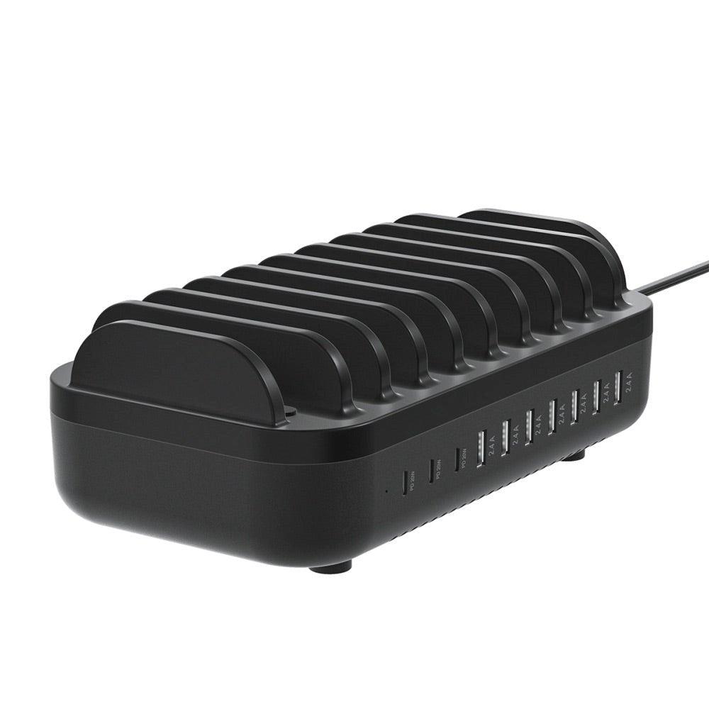 Deltaco Dokkingstasjon 10 Porter 120W m. 7 x USB-A og 3 x USB-C - Svart