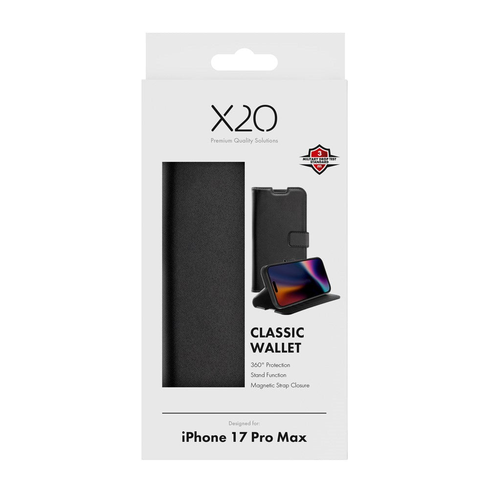 X2O iPhone 17 Pro Max Classic Wallet Flip Deksel - Kortholder & Stativfunksjon - Svart