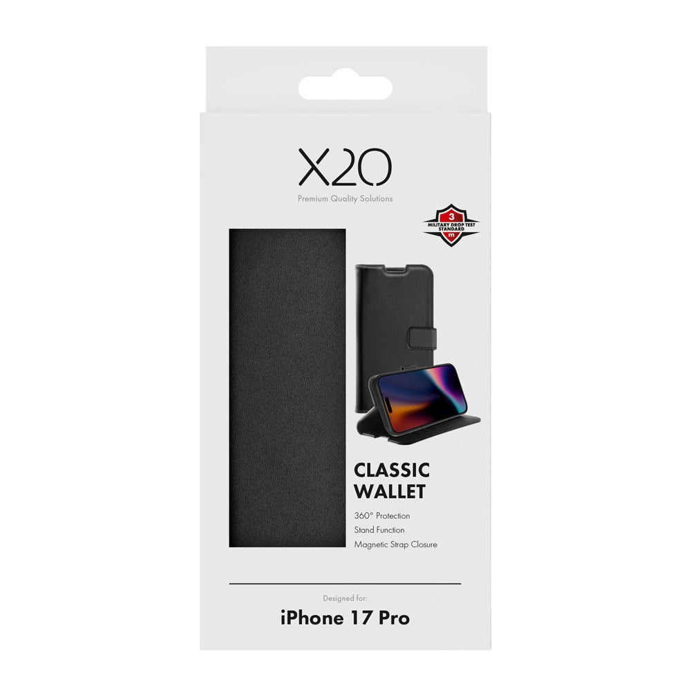 X2O iPhone 17 Pro Classic Wallet Flip Deksel - Kortholder & Stativfunksjon - Svart