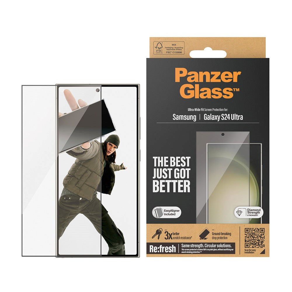 Samsung Galaxy 24 Ultra PanzerGlass Ultra Wide Fit Re:fresh Skjermbeskyttelse m. EasyAligner - Diamond Strength - Svart Kant