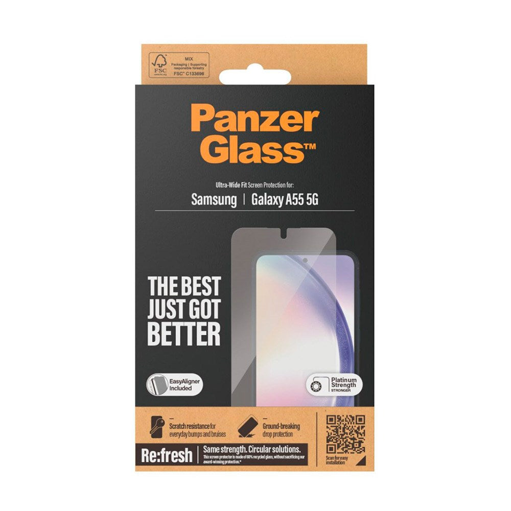 Samsung Galaxy A55 (5G) PanzerGlass Ultra Wide Fit Re:fresh Skjermbeskyttelse m. EasyAligner - Platinum Strength - Gjennomsiktig