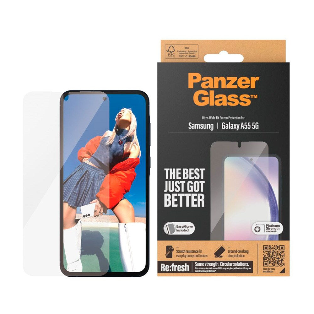 Samsung Galaxy A55 (5G) PanzerGlass Ultra Wide Fit Re:fresh Skjermbeskyttelse m. EasyAligner - Platinum Strength - Gjennomsiktig