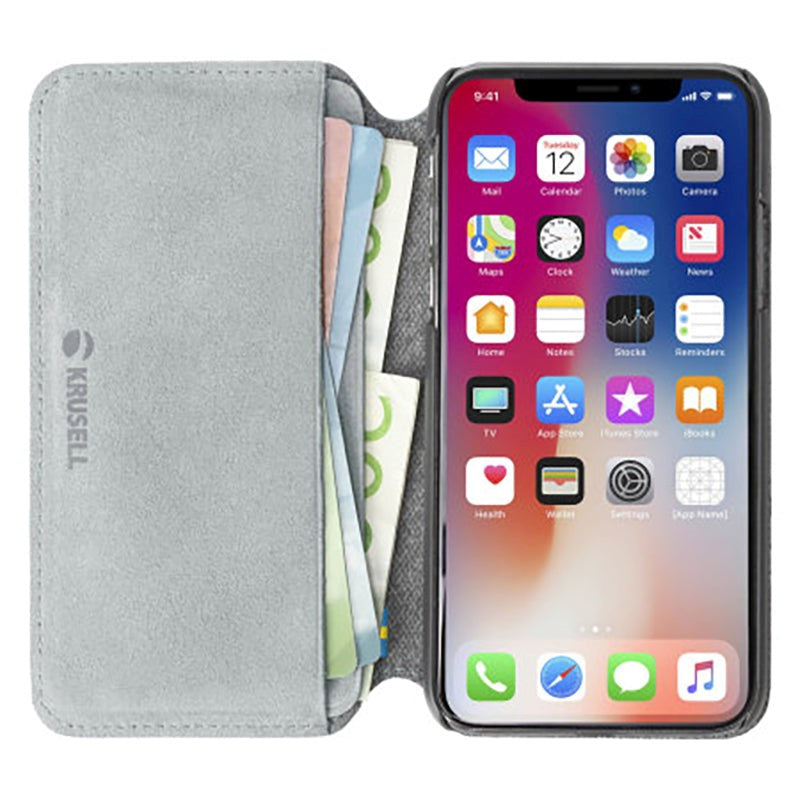 Krusell Broby Slim Wallet iPhone XS/X Semsket Skinn Flip Deksel  med Lommebok- Grå