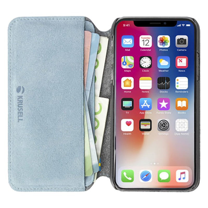 Krusell Broby Slim Wallet iPhone XS/X Semsket Skinn Flip Deksel med Lommebok - Blå