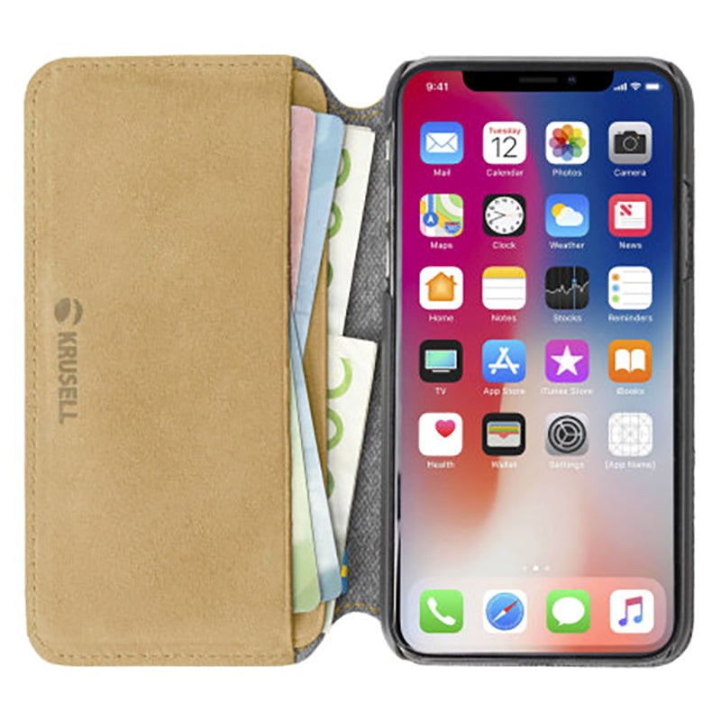 Krusell Broby Slim Wallet iPhone XS/X Semsket Skinn Flip Deksel med Lommebok - Beige