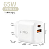 Tech-Protect 65W Vegglader m. 1x USB-C & 1x USB-A - Hvit