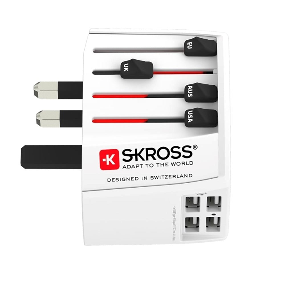 Reiseadapter Skross MUV World m. 4 x USB-A - Hvit