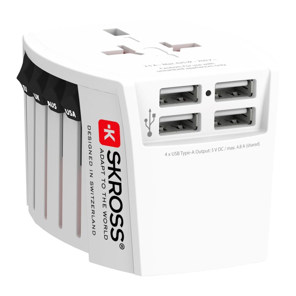 Reiseadapter Skross MUV World m. 4 x USB-A - Hvit