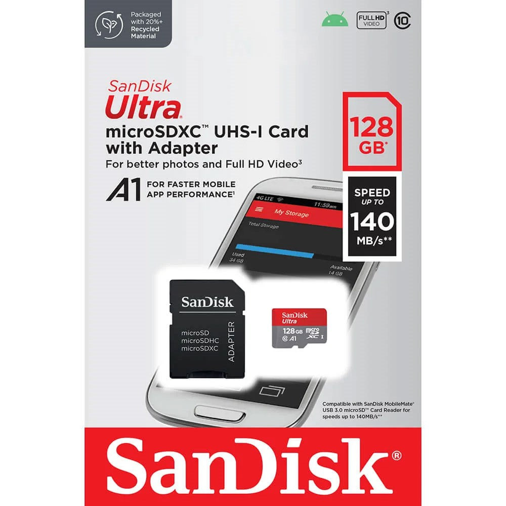 SanDisk MicroSDXC Minnekort m. Adapter - 128GB - Rød / Grå