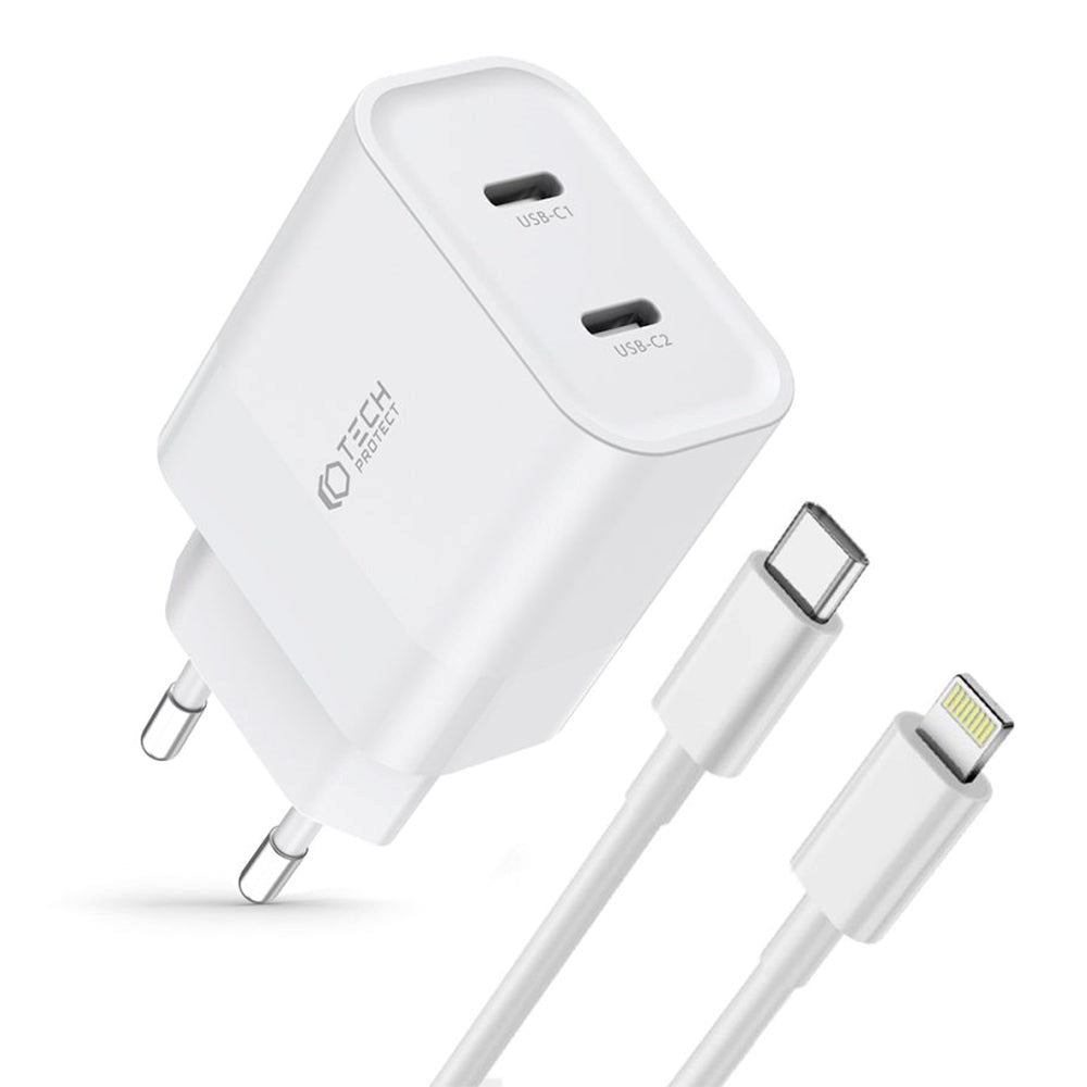 Tech-Protect 20W Vegglader med 2 x USB-C & USB-C til Lightning-kabel - Hvit