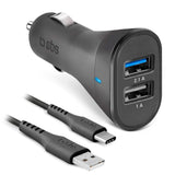 SBS 10W Billader Sett m. 2 x USB-A & USB-C Kabel - Svart