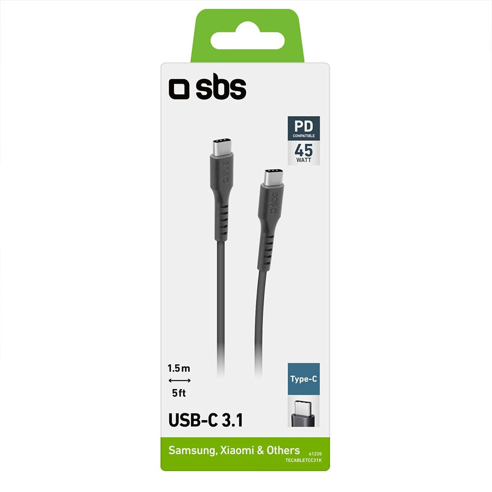 SBS USB-C til USB-C 3.1 Kabel - 1.5 Meter - 10 Gbit/s / 45W (PD) - Svart