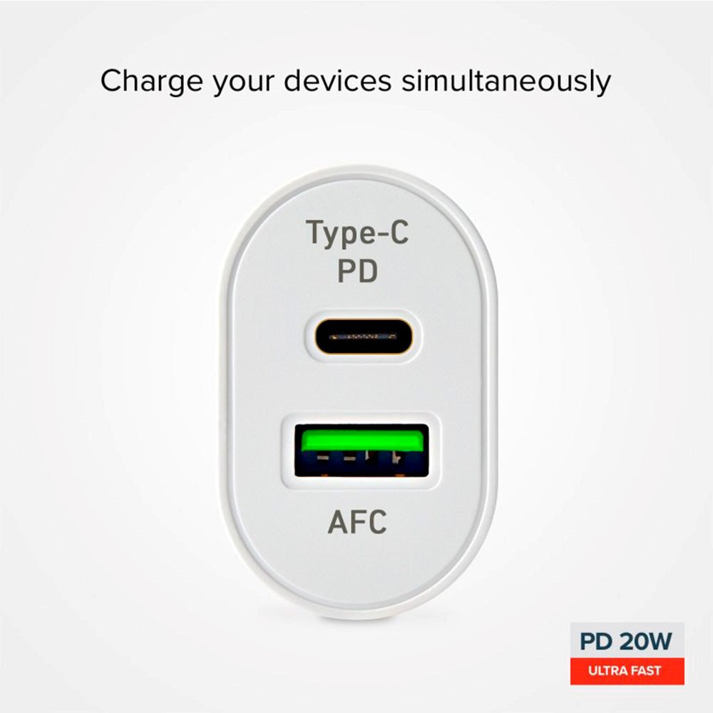 SBS 20W Hurtig Vegglader med USB-C PD & USB-A AFC - Hvit