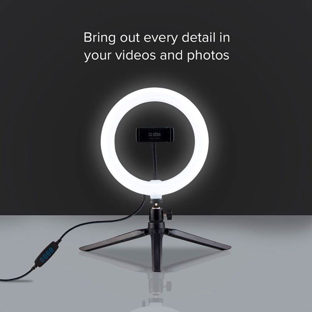 LED Selfie Ring Light med Stativ og Mobilholder SBS - Svart