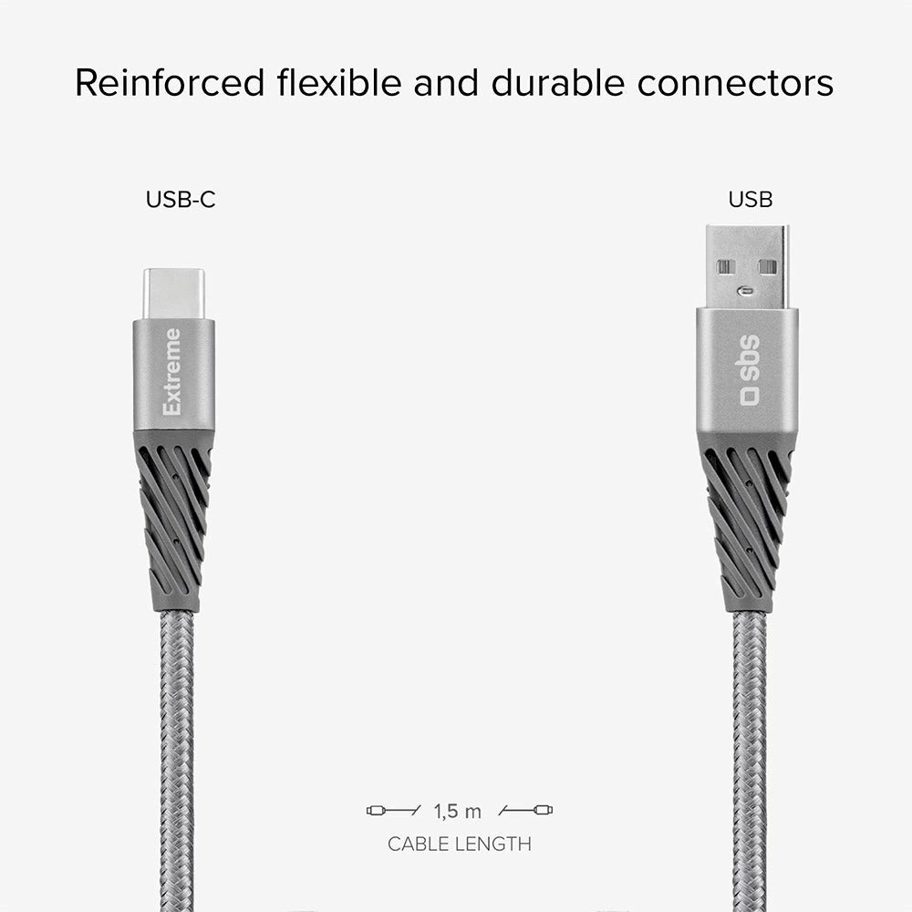 SBS Extreme Collection USB-A til USB-C Flettet Aramidfiberkabel - 1,5 meter - 480 Mbit/s - Svart