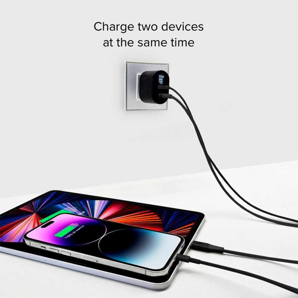 SBS 20W LCD Skjerm Vegglader med USB-C PD & USB-A AFC - Svart