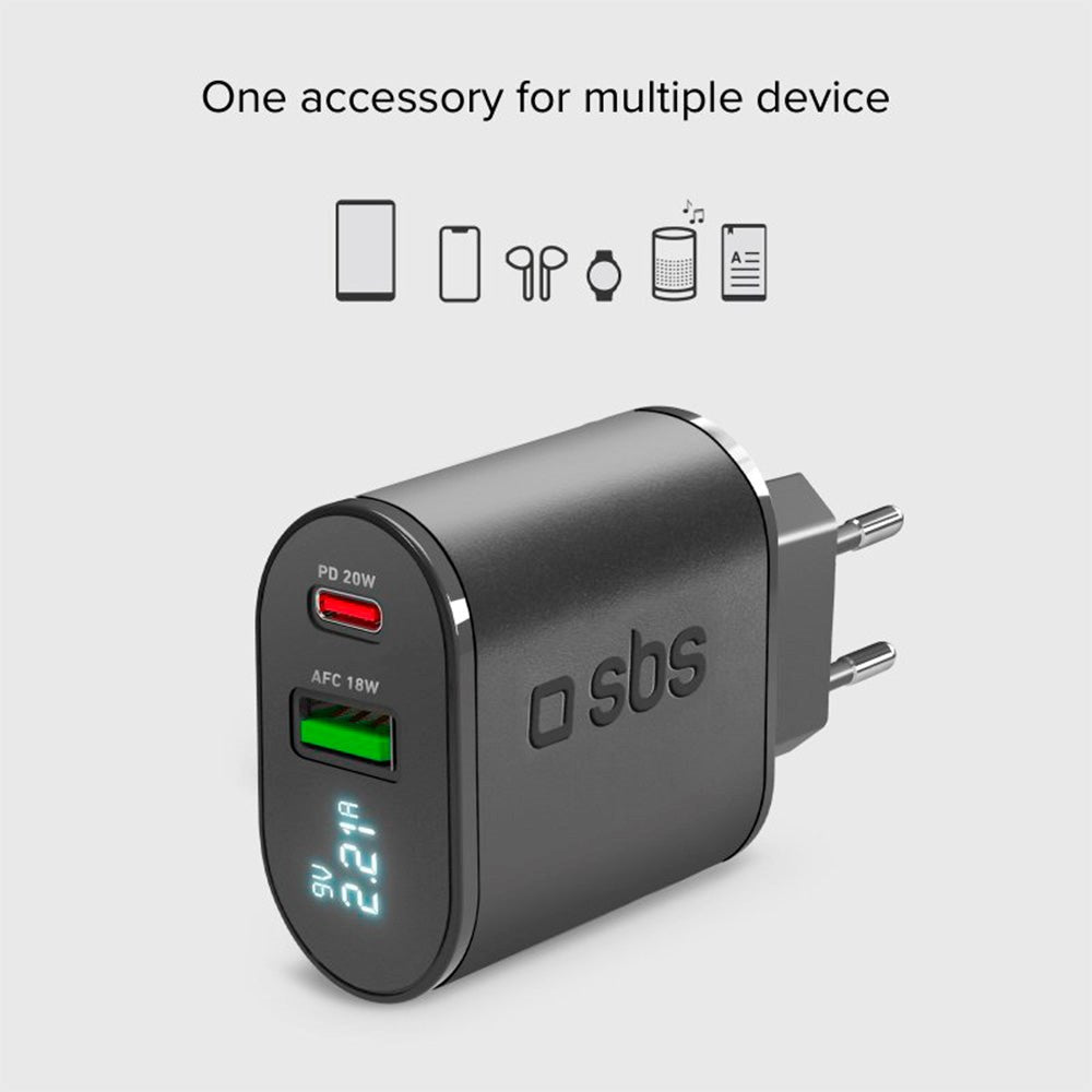 SBS 20W LCD Skjerm Vegglader med USB-C PD & USB-A AFC - Svart