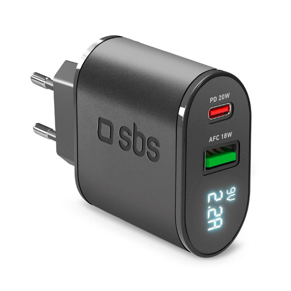 SBS 20W LCD Skjerm Vegglader med USB-C PD & USB-A AFC - Svart