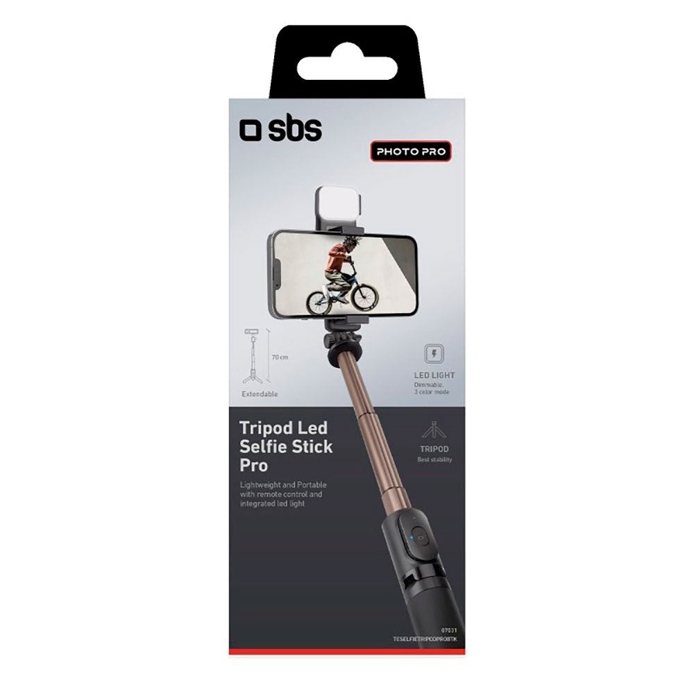 SBS Selfie Stick m. Innebygd LED & Tripod - Maks Mobil: 60 - 95mm - Svart