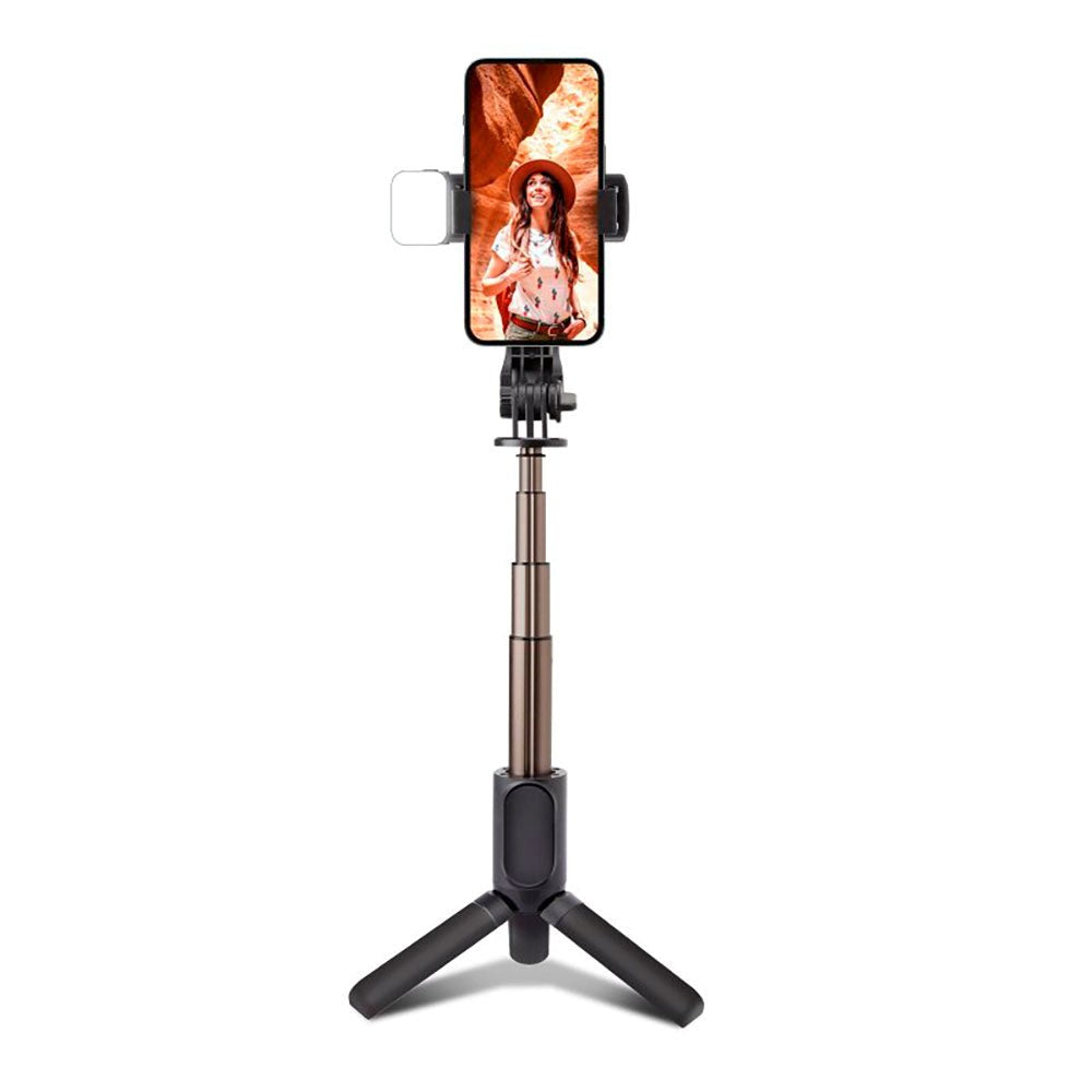 SBS Selfie Stick m. Innebygd LED & Tripod - Maks Mobil: 60 - 95mm - Svart