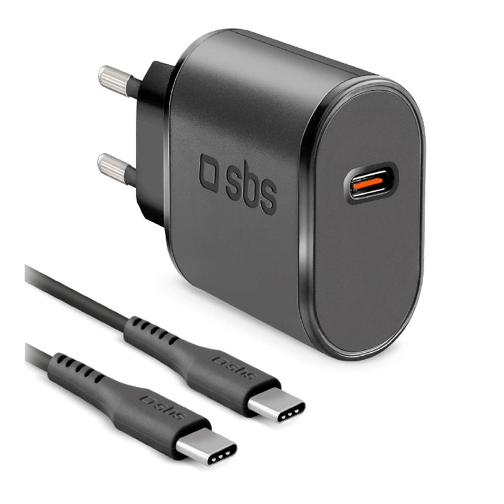 SBS 15W Vegglader Sett m. USB-C AFC & USB-C Kabel - Svart