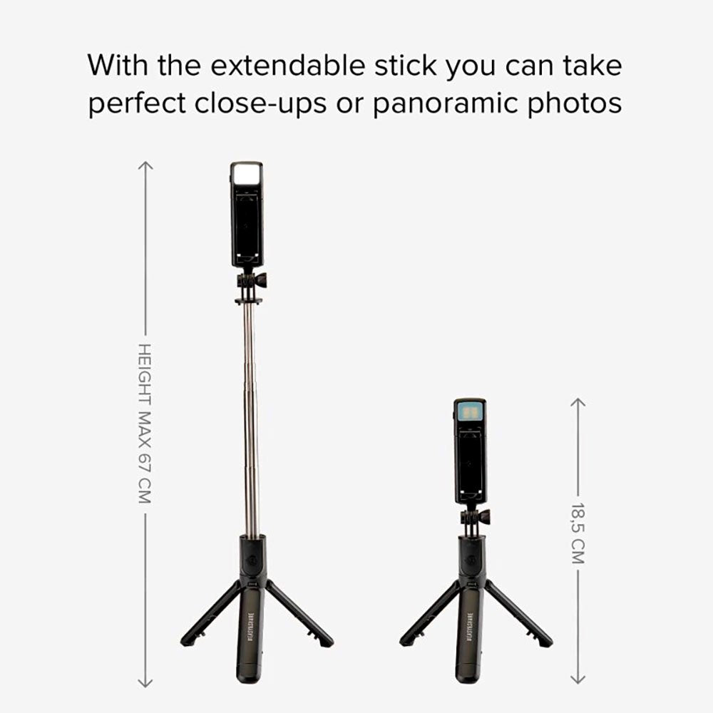 SBS Universal Selfie Stick m. Innebygd LED & Tripod - Maks Mobil: 60 - 90mm - Svart